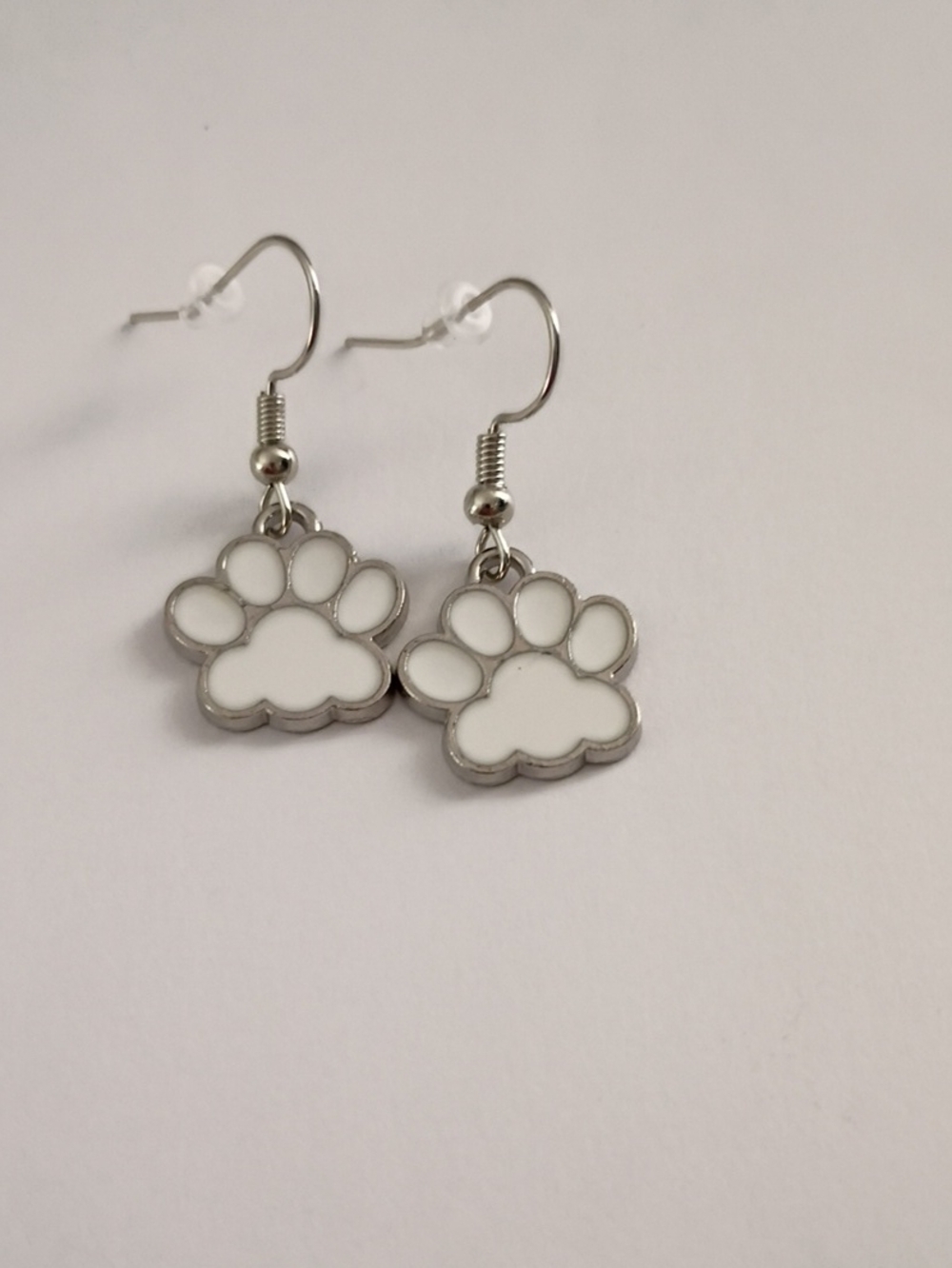 White Enamel Paw Print Dangle Earrings - Cute Pet Lover Jewelry